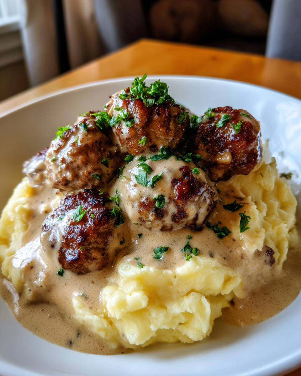 Teller mit saftigen Frikadellen in cremiger Rahmsauce, serviert auf lockerem Kartoffelpüree und Petersilie.