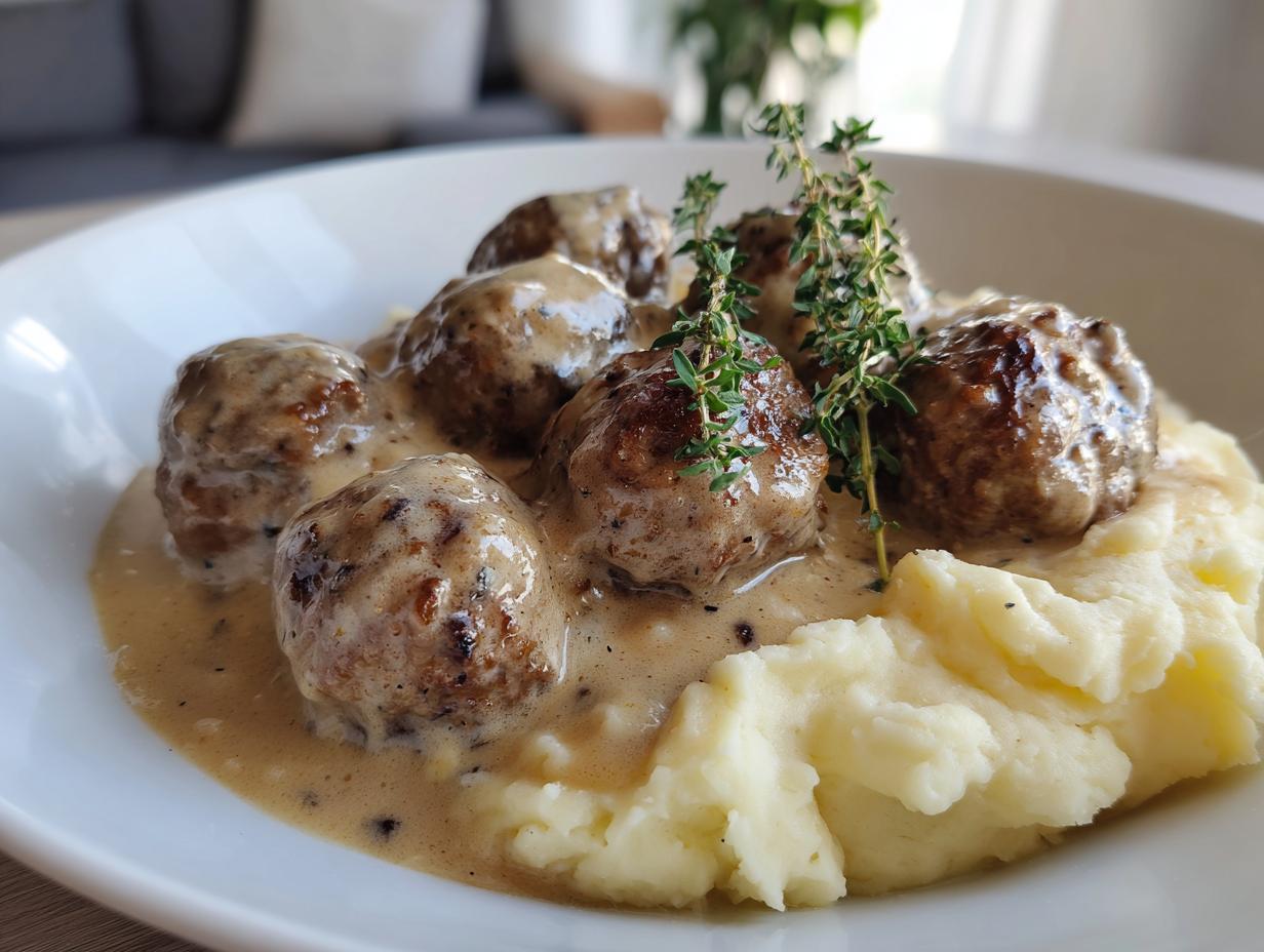 Köstliche Frikadellen in Rahmsauce auf cremigem Kartoffelpüree, garniert mit frischem Thymian.