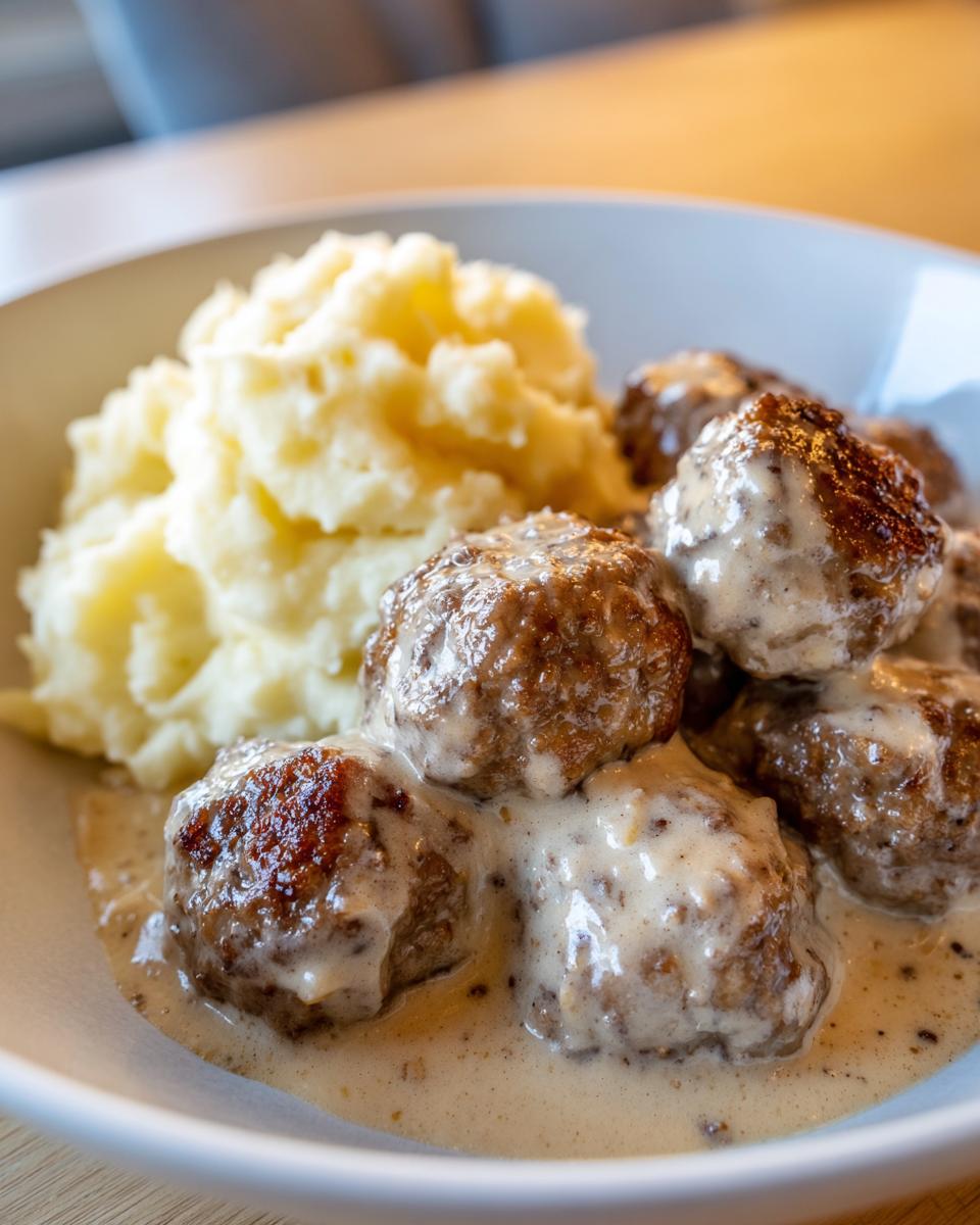 Teller mit saftigen Frikadellen in Rahmsauce und einem großen Klecks Kartoffelpüree.