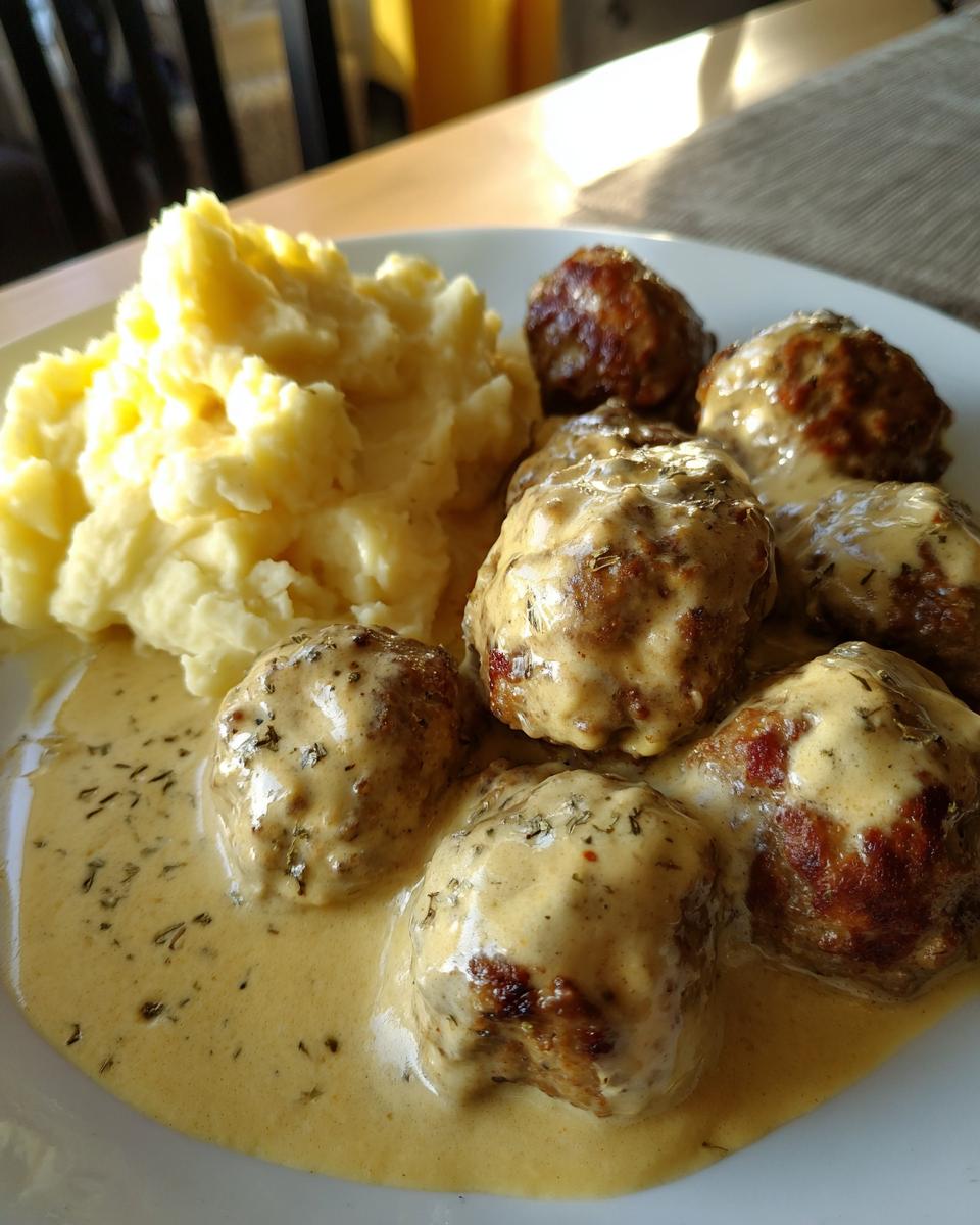 Teller mit saftigen Frikadellen in cremiger Senfrahmsoße und einem Klecks Kartoffelpüree.