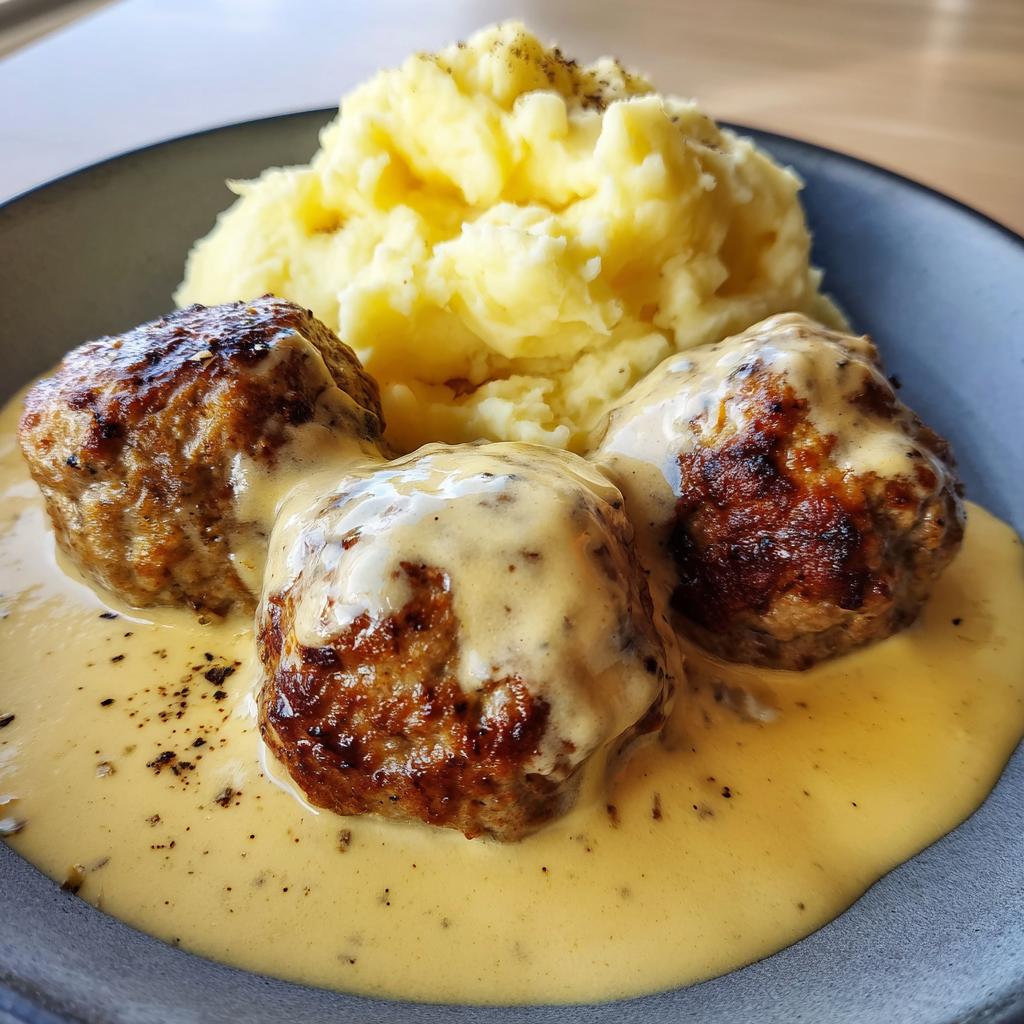 Drei saftige Frikadellen in cremiger Senfrahmsoße mit einem Klecks Kartoffelpüree.
