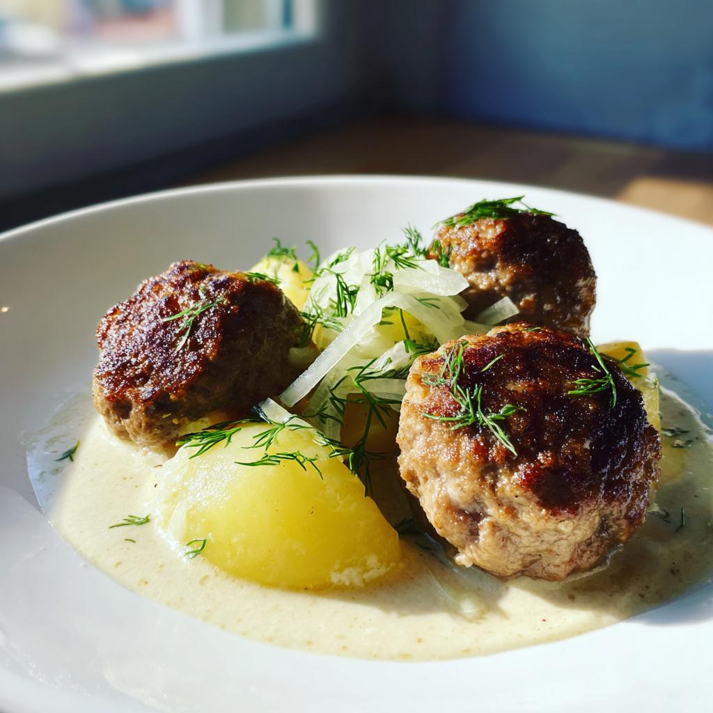 Drei saftige Frikadellen mit Salzkartoffeln, Rahmsauce und frischem Dill auf einem weißen Teller.