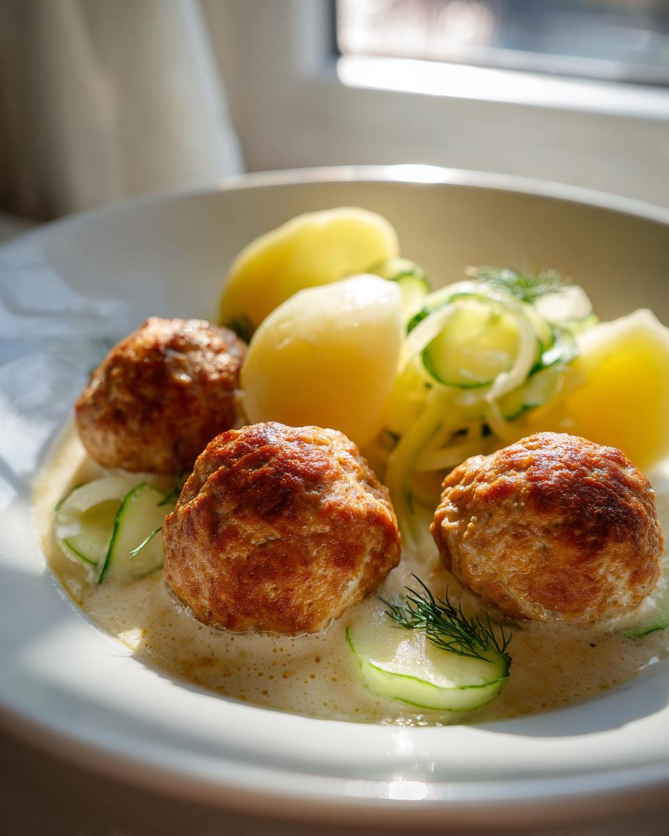 Drei saftige Frikadellen in cremiger Soße mit Salzkartoffeln und Kohlrabi-Spaghetti.