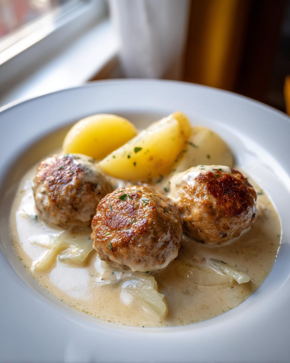 Drei saftige Frikadellen in cremiger Sauce mit Salzkartoffeln – das perfekte Gericht: Frikadellen mit Rahmkohlrabi und Kartoffeln.