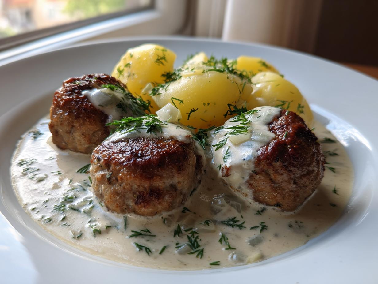 Drei gebratene Frikadellen in cremiger Rahmsauce mit frischem Dill, serviert mit Salzkartoffeln.