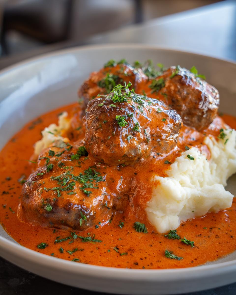 Drei saftige Frikadellen in leuchtender Paprika-Sahnesauce auf einem Bett aus Kartoffelpüree.
