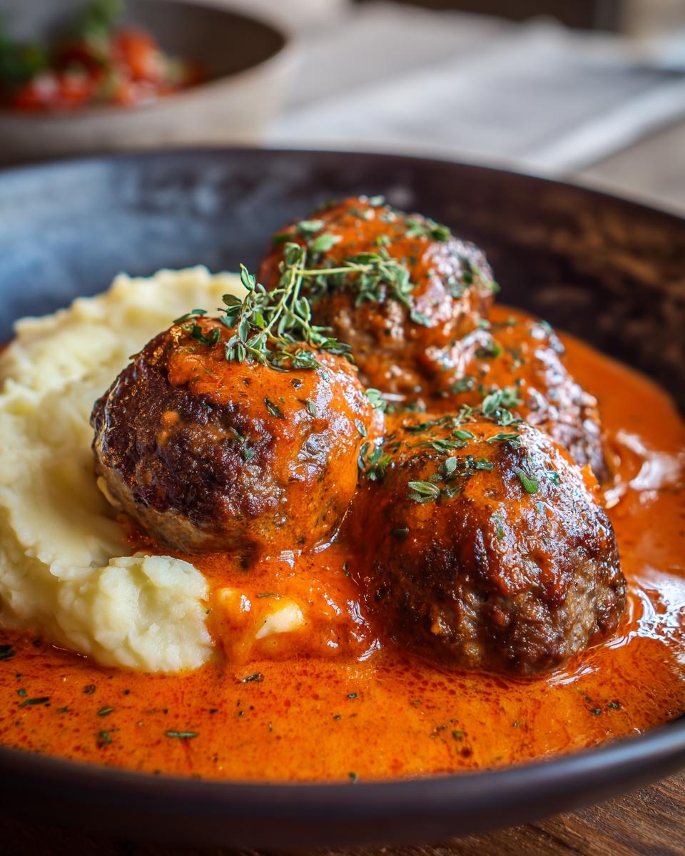 Drei saftige Frikadellen in leuchtend oranger Paprika-Sahnesauce, serviert mit Kartoffelpüree und Thymian.