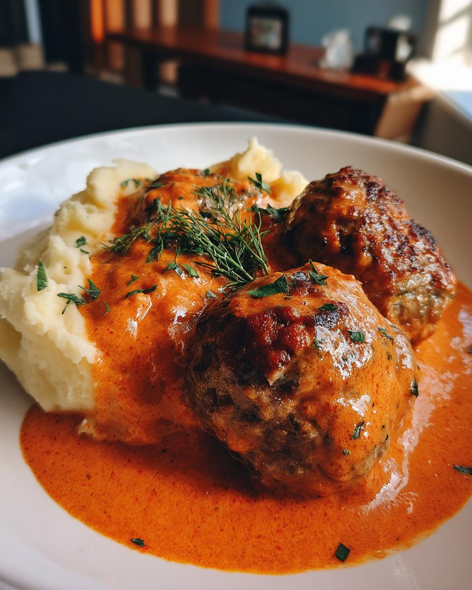 Drei saftige Frikadellen in leuchtend oranger Paprika-Sahnesauce mit Kartoffelpüree, garniert mit Dill.