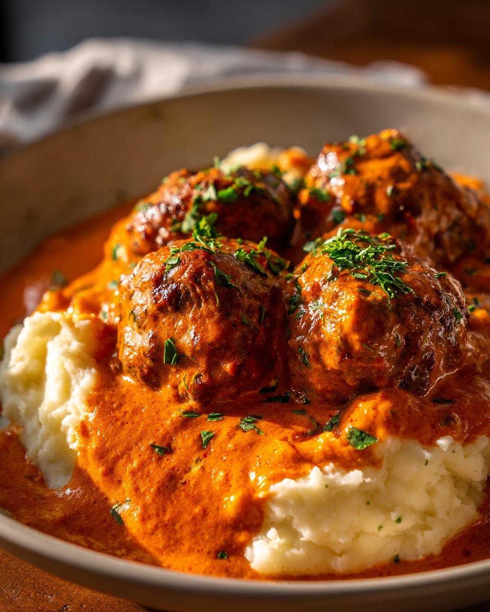 Drei saftige Frikadellen in leuchtend oranger Paprika-Sahnesauce auf einem Bett aus Kartoffelpüree.