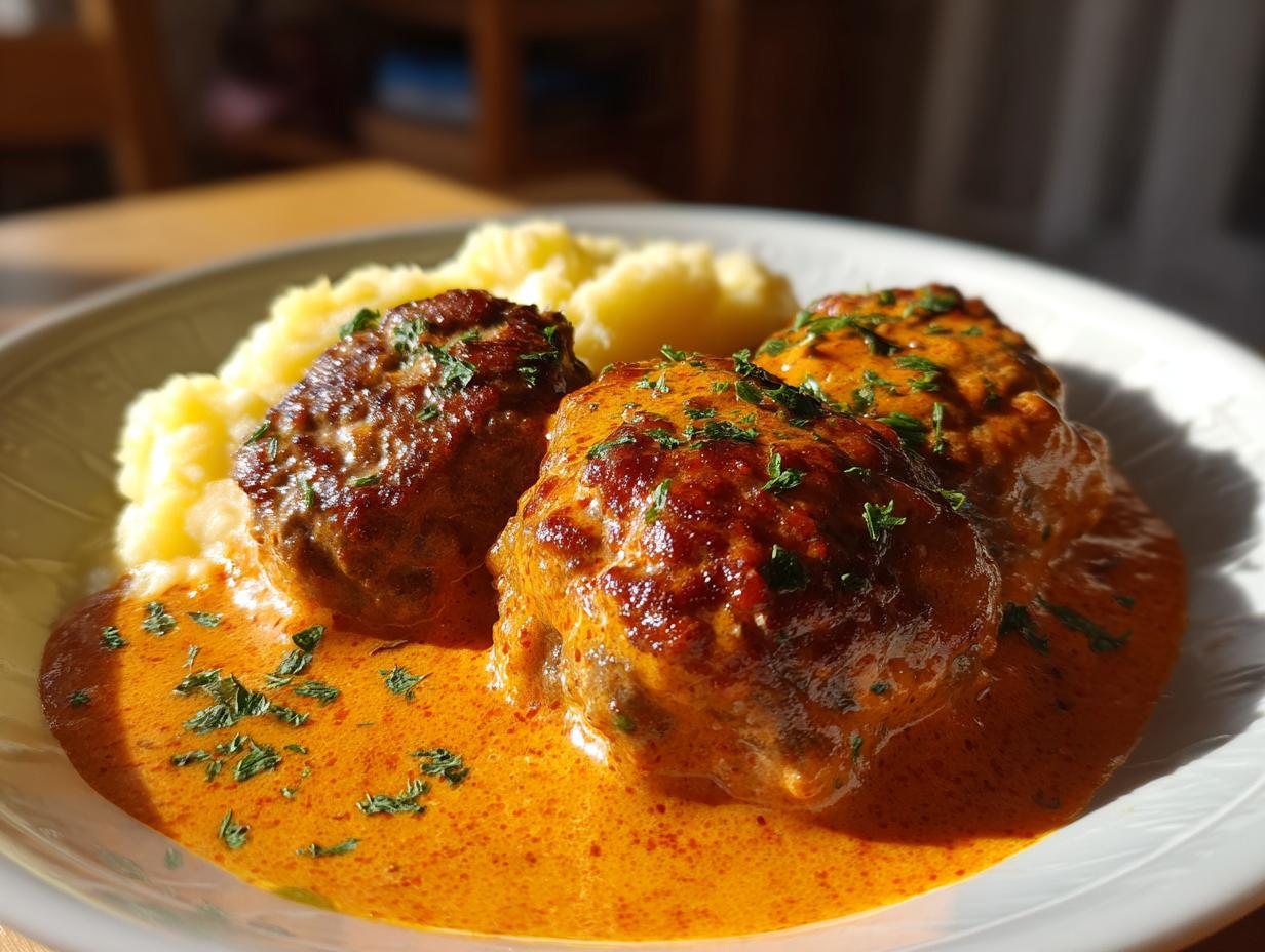 Drei saftige Frikadellen in leuchtend oranger Paprika-Sahnesauce, serviert mit Kartoffelpüree.