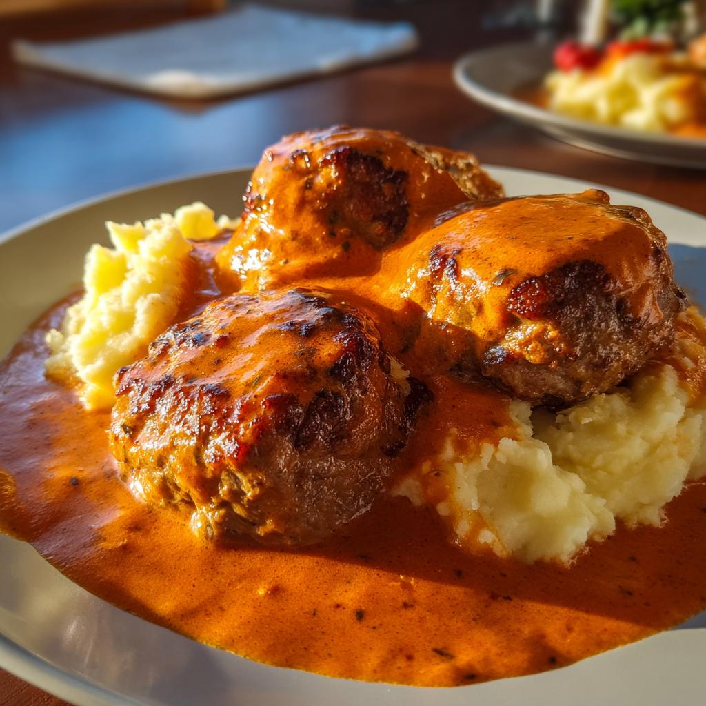 Drei saftige Frikadellen übergossen mit leuchtend oranger Paprika-Sahnesauce, serviert auf Kartoffelpüree.