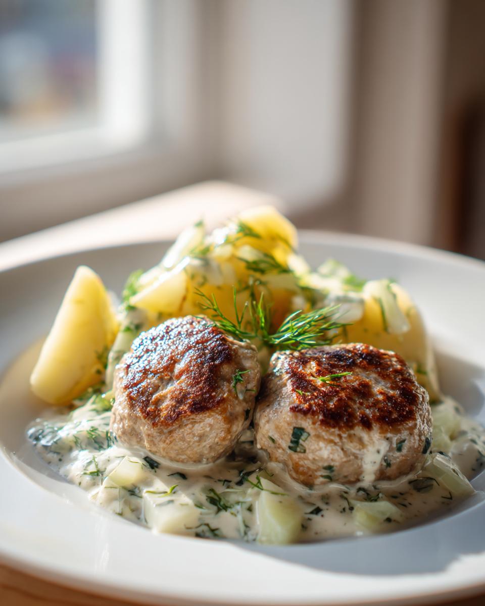 Zwei gebratene Frikadellen auf Rahmkohlrabi mit Kartoffeln, garniert mit frischem Dill.