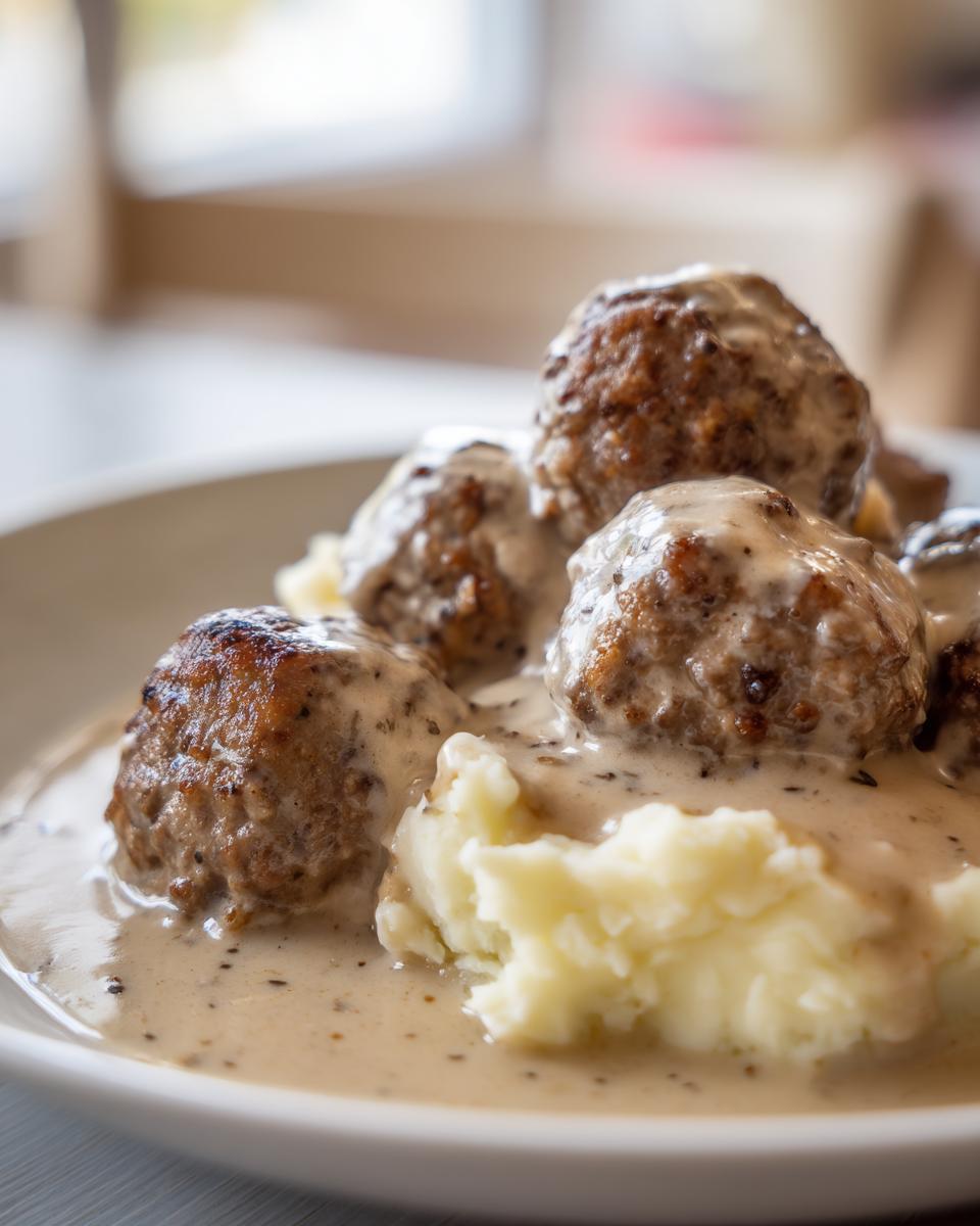 Drei saftige Frikadellen in cremiger Rahmsauce mit Kartoffelpüree, das Gericht Frikadellen in Rahmsauce mit Püree.