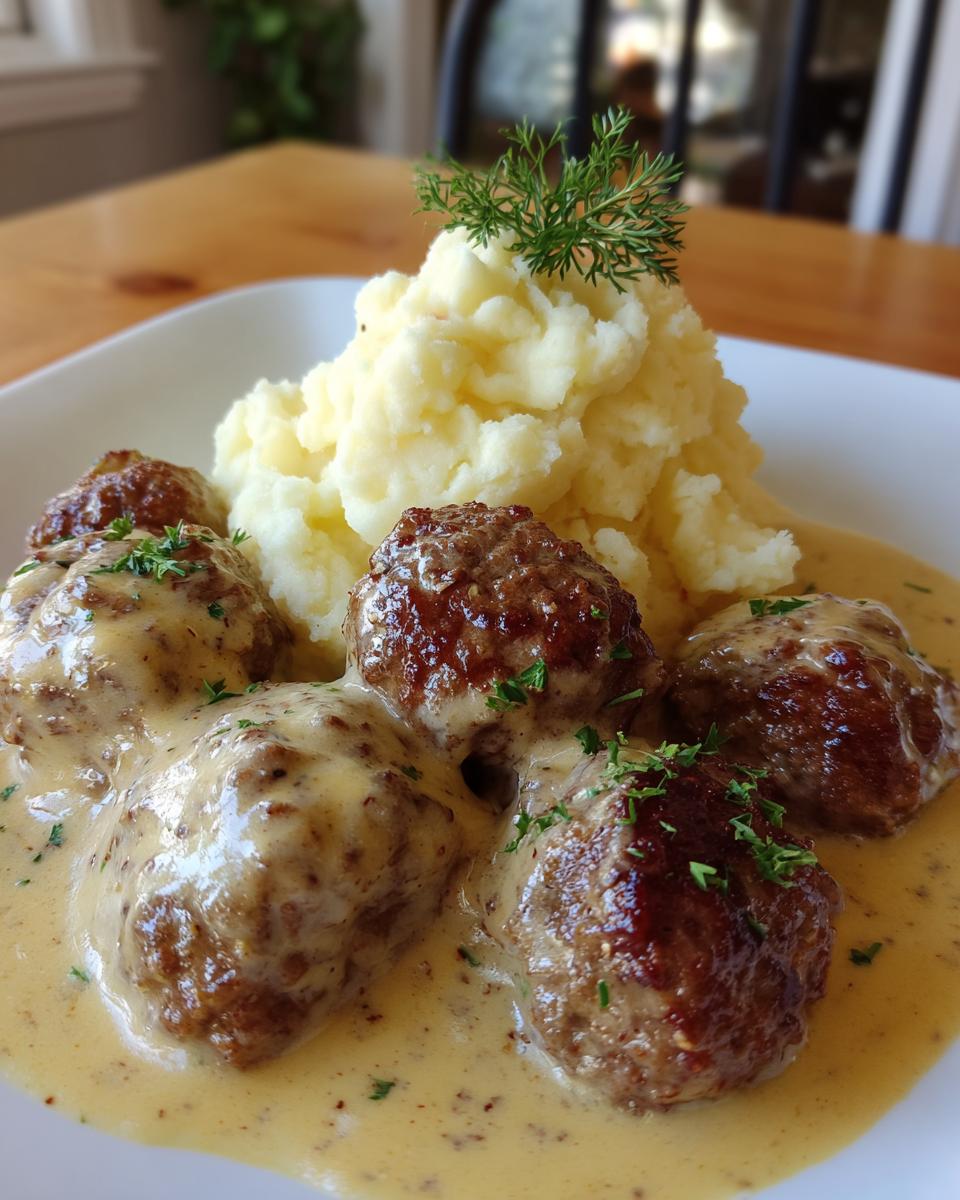 Teller mit saftigen Frikadellen in cremiger Senfrahmsoße und einem Klecks Kartoffelpüree.