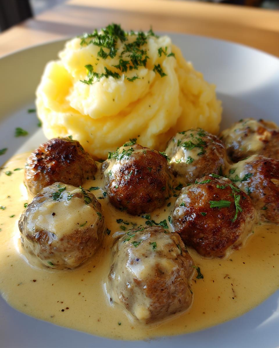 Teller mit saftigen Frikadellen in cremiger Senfrahmsoße und lockerem Kartoffelpüree.