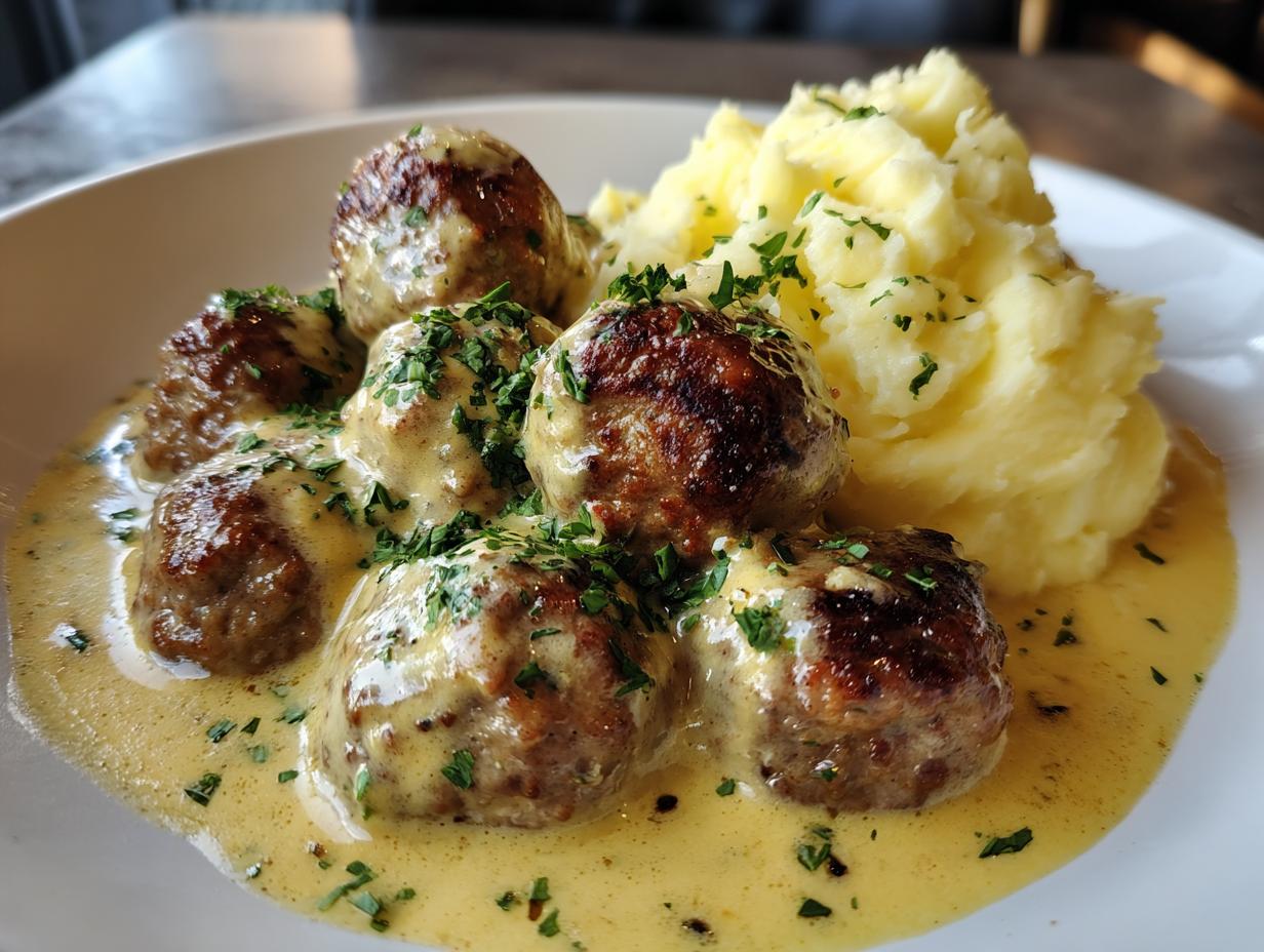 Saftige Frikadellen in cremiger Senfrahmsoße, serviert mit lockerem Kartoffelpüree und Petersilie.