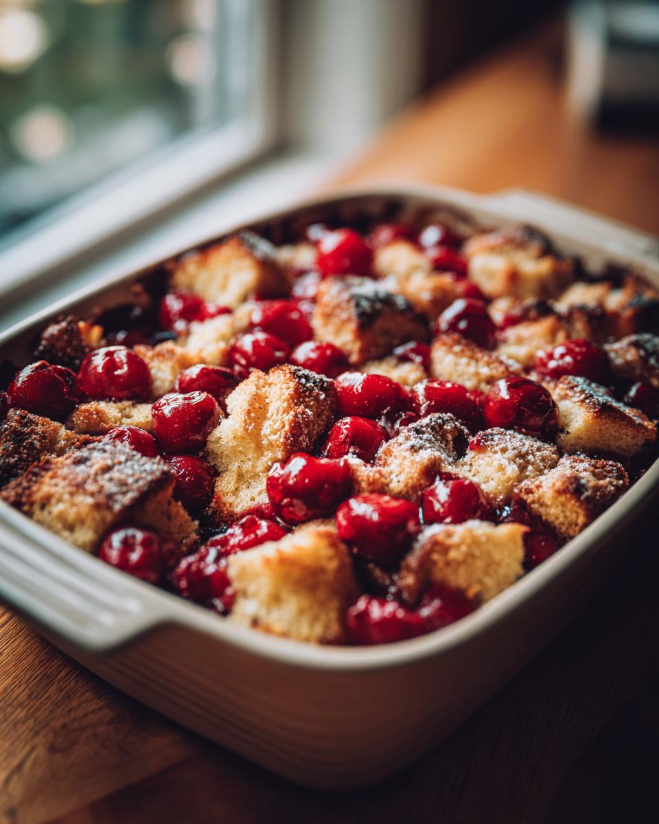 Nahaufnahme eines frisch gebackenen Kirschmichels mit saftigen Kirschen und goldbraunen Teigstücken in einer hellen Auflaufform.