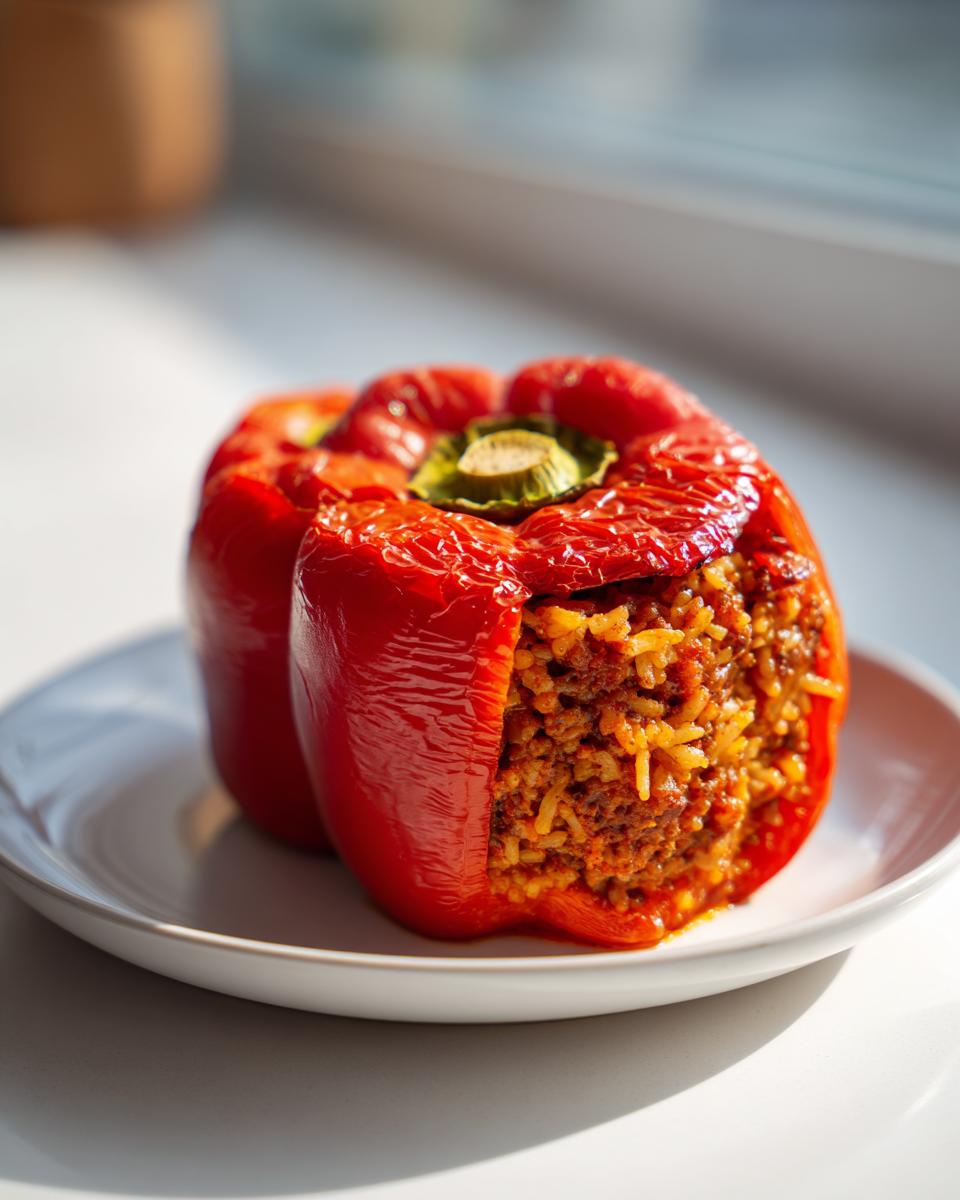 Nahaufnahme einer saftigen, roten Gefüllte Paprika osteuropäisch, gefüllt mit Reis und Hackfleisch, auf einem weißen Teller.