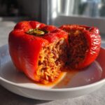 Nahaufnahme von einer aufgeschnittenen, leuchtend roten Gefüllte Paprika osteuropäisch, gefüllt mit Hackfleisch und Reis.