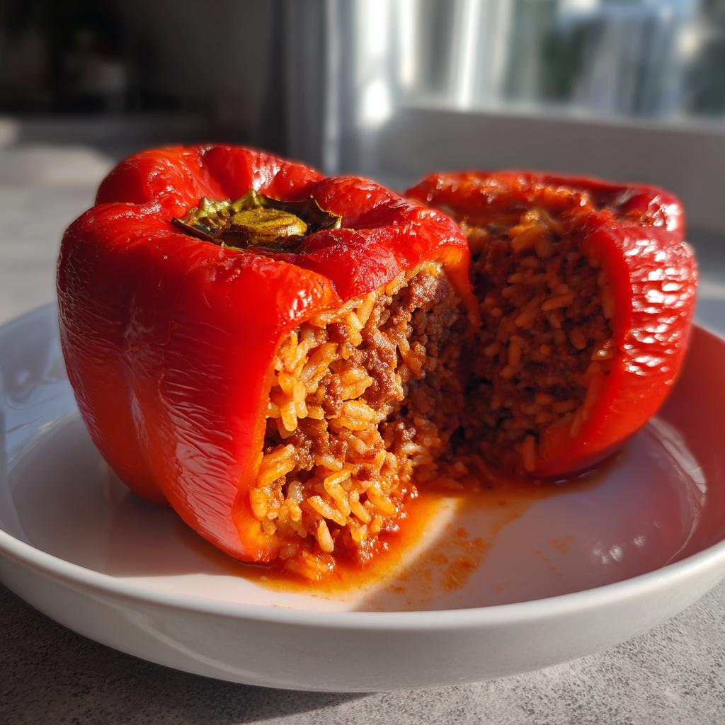 Nahaufnahme von einer aufgeschnittenen, leuchtend roten Gefüllte Paprika osteuropäisch, gefüllt mit Hackfleisch und Reis.