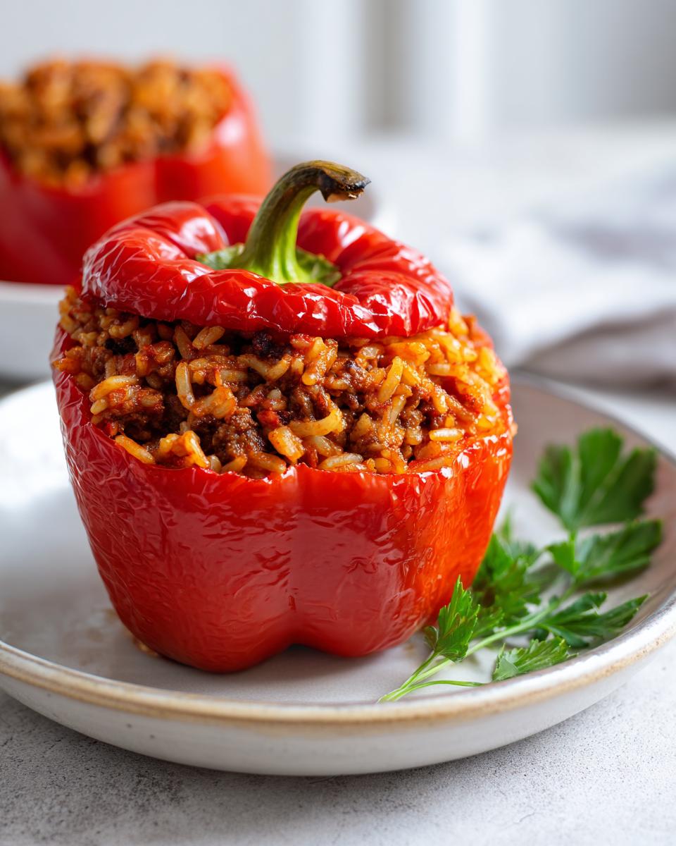 Nahaufnahme einer leuchtend roten, gefüllten Paprika osteuropäisch mit Reis-Hackfleisch-Füllung auf einem Teller.