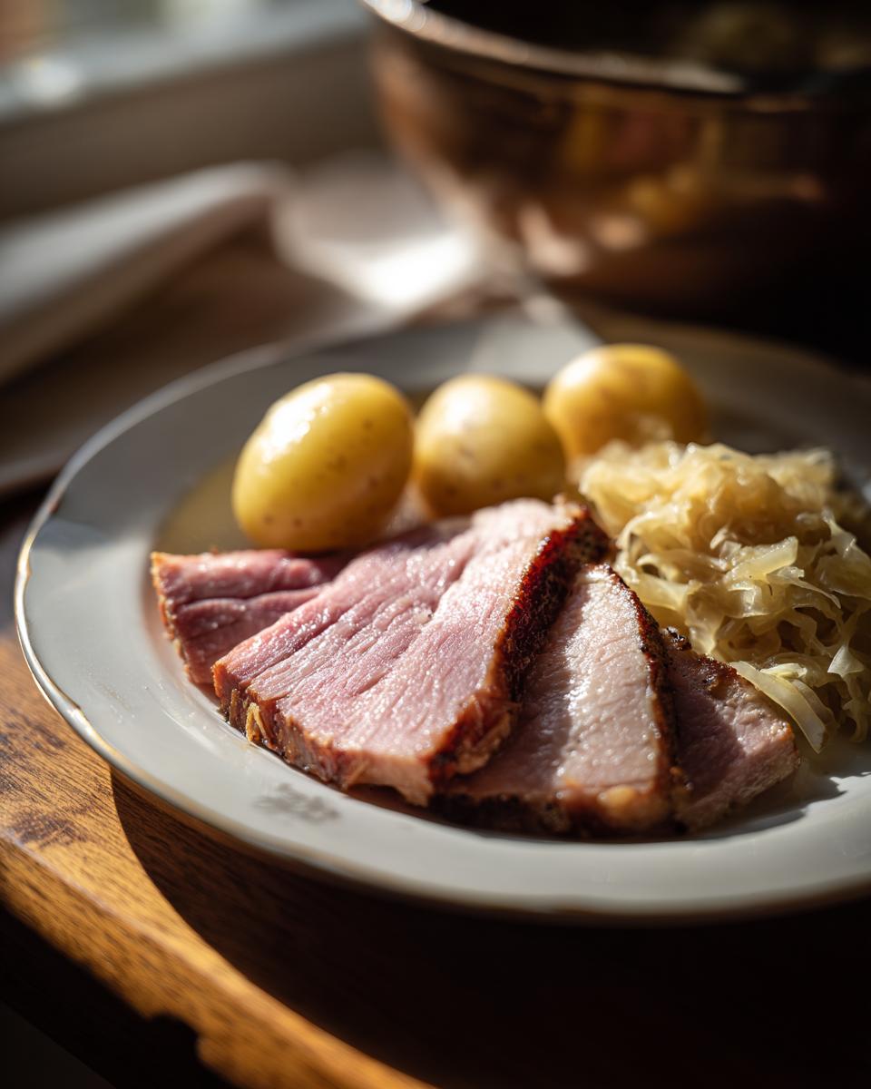 Teller mit saftigen Scheiben Geselchtes mit Kraut und Salzkartoffeln, appetitlich beleuchtet.