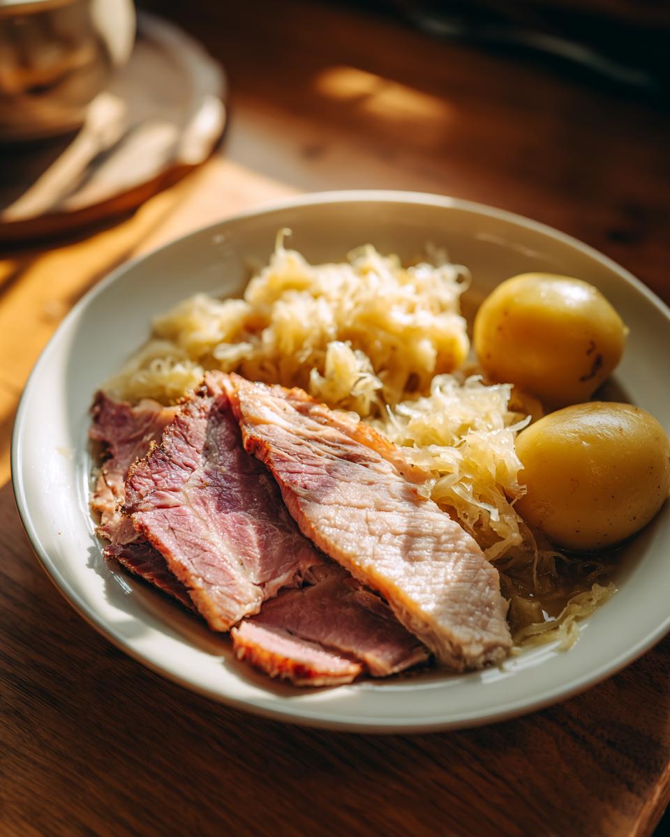 Teller mit saftigen Scheiben Geselchtes mit Kraut und Kartoffeln, warm beleuchtet.