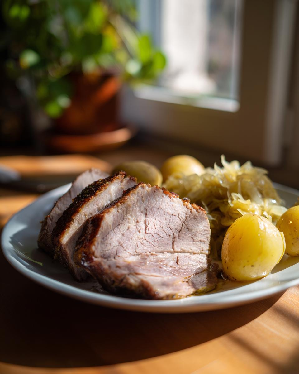 Drei saftige Scheiben Geselchtes mit Kraut und Salzkartoffeln auf einem Teller.