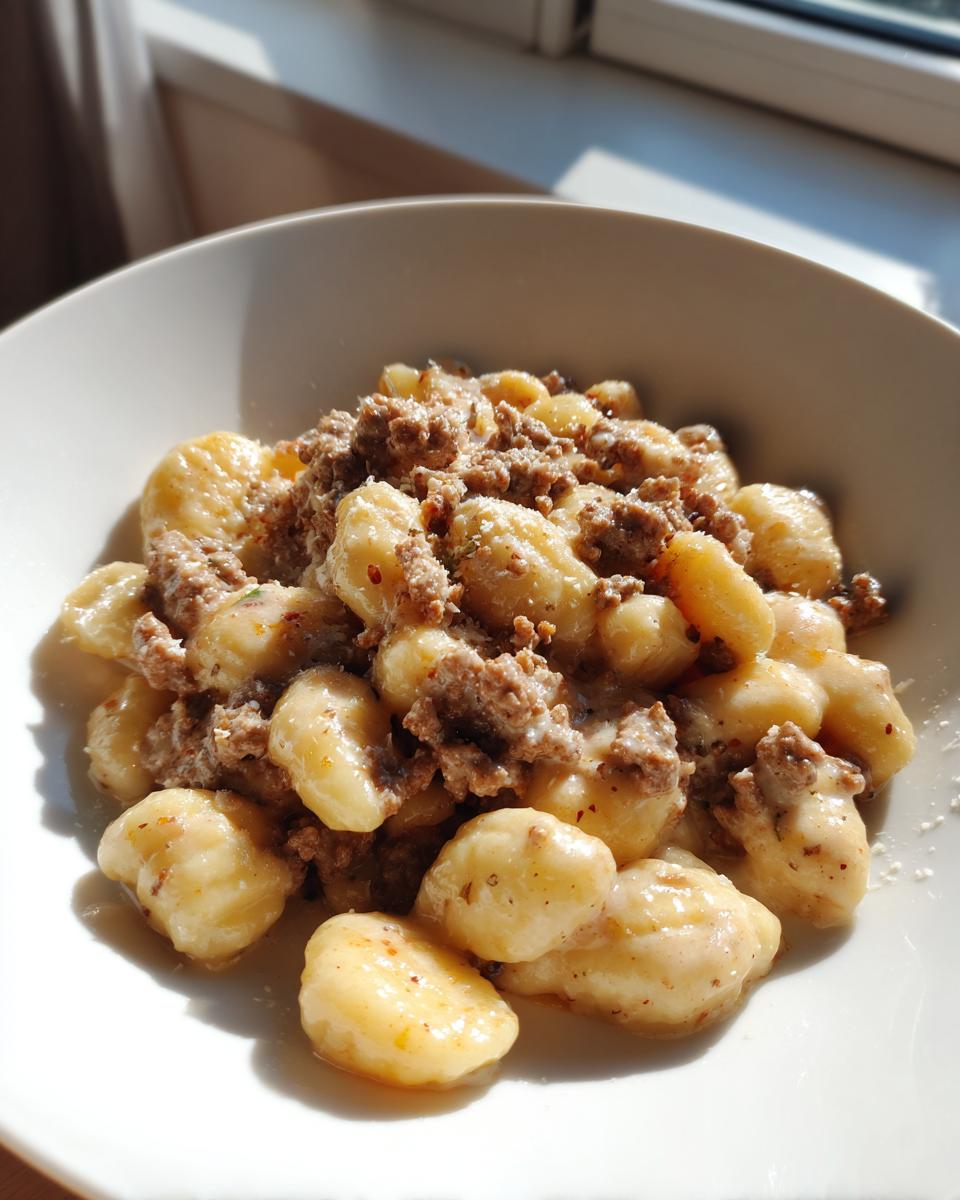 Eine Schüssel mit cremigen Gnocchi mit Hackfleisch und Frischkäse, appetitlich angerichtet im Sonnenlicht.