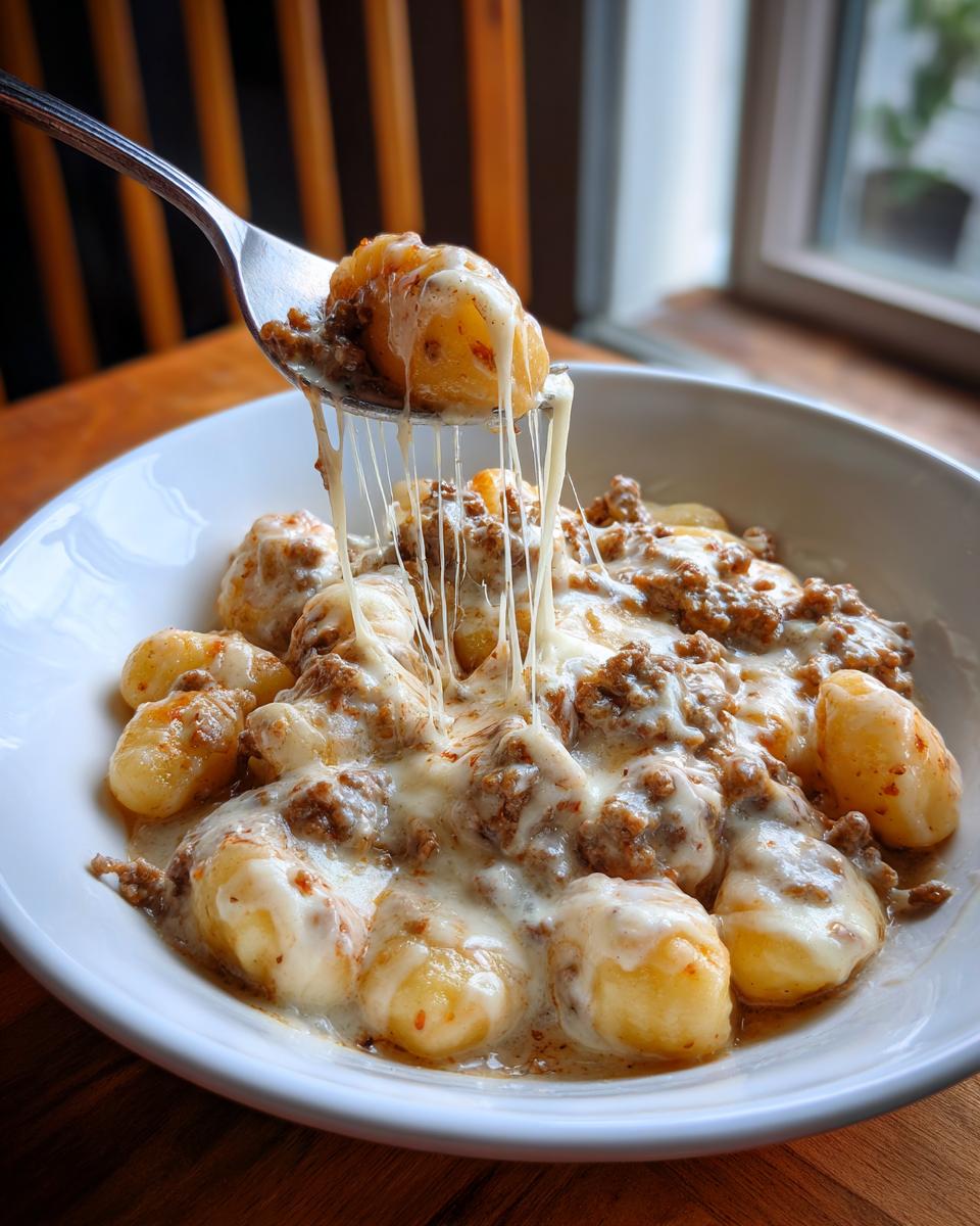 Ein Löffel Gnocchi mit Hackfleisch und geschmolzenem Mozzarella, der lange Fäden zieht.