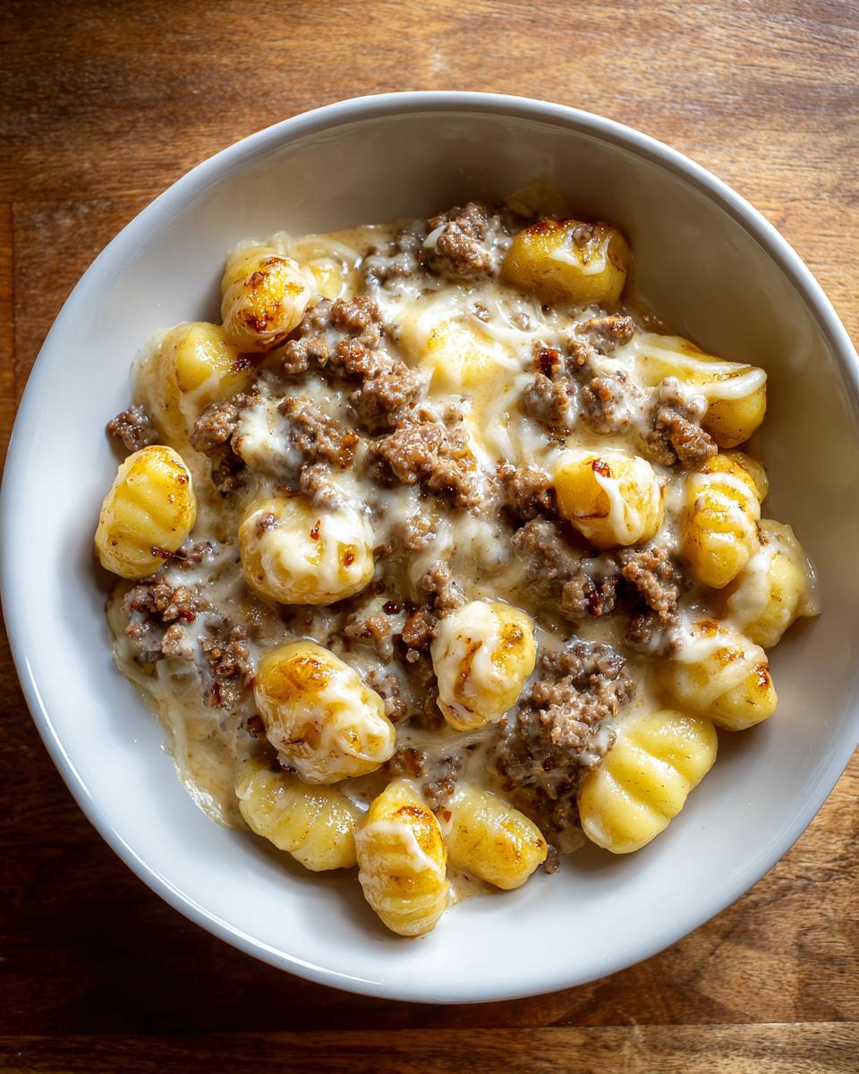 Eine Schüssel Gnocchi mit Hackfleisch und geschmolzenem Mozzarella in cremiger Sahnesauce.