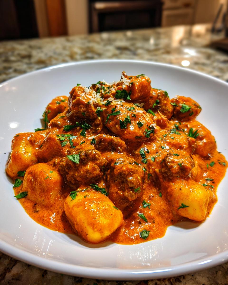 Teller mit Gnocchi mit Hackfleisch in Paprikarahm, garniert mit Petersilie und Parmesan.