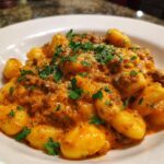 Teller mit cremigen Gnocchi mit Hackfleisch in Paprikarahm, garniert mit Petersilie und Parmesan.