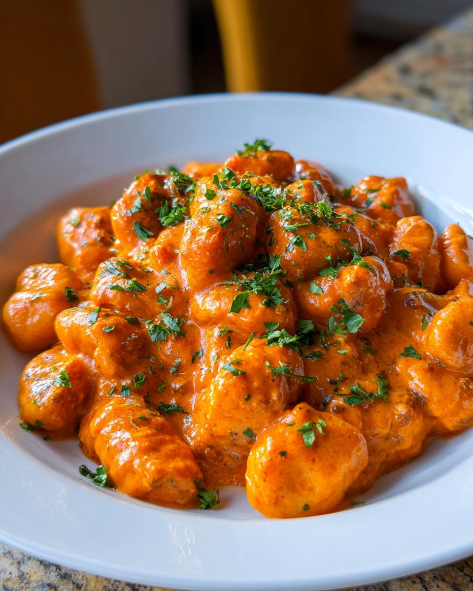 Nahaufnahme von Gnocchi mit Hackfleisch in einer cremigen, orangen Paprikasauce, garniert mit frischer Petersilie.
