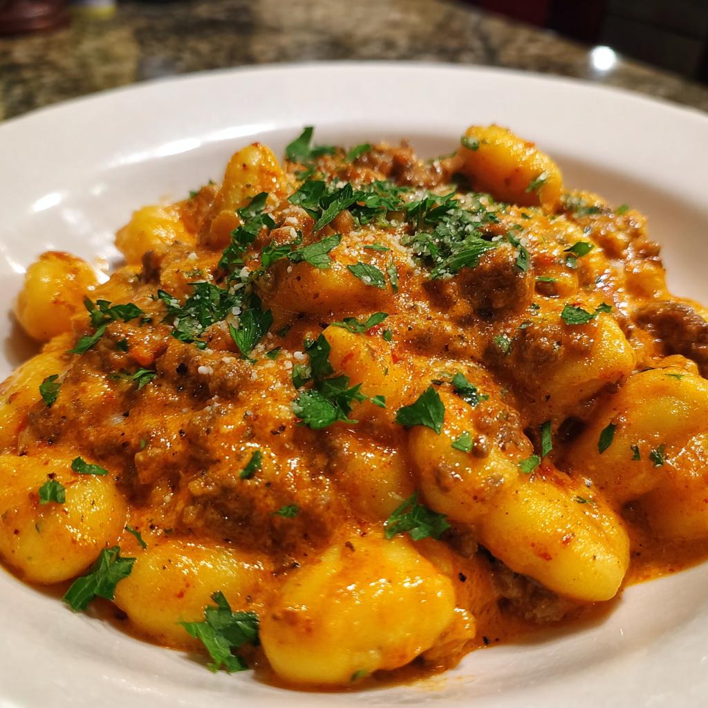 Teller mit cremigen Gnocchi mit Hackfleisch in Paprikarahm, garniert mit Petersilie und Parmesan.