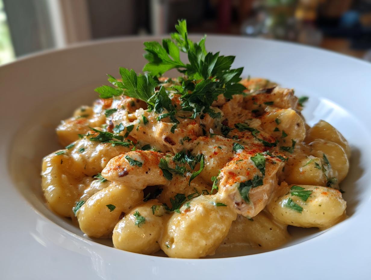 Nahaufnahme von cremigen Gnocchi mit Hähnchen in Parmesanrahm, garniert mit Petersilie.