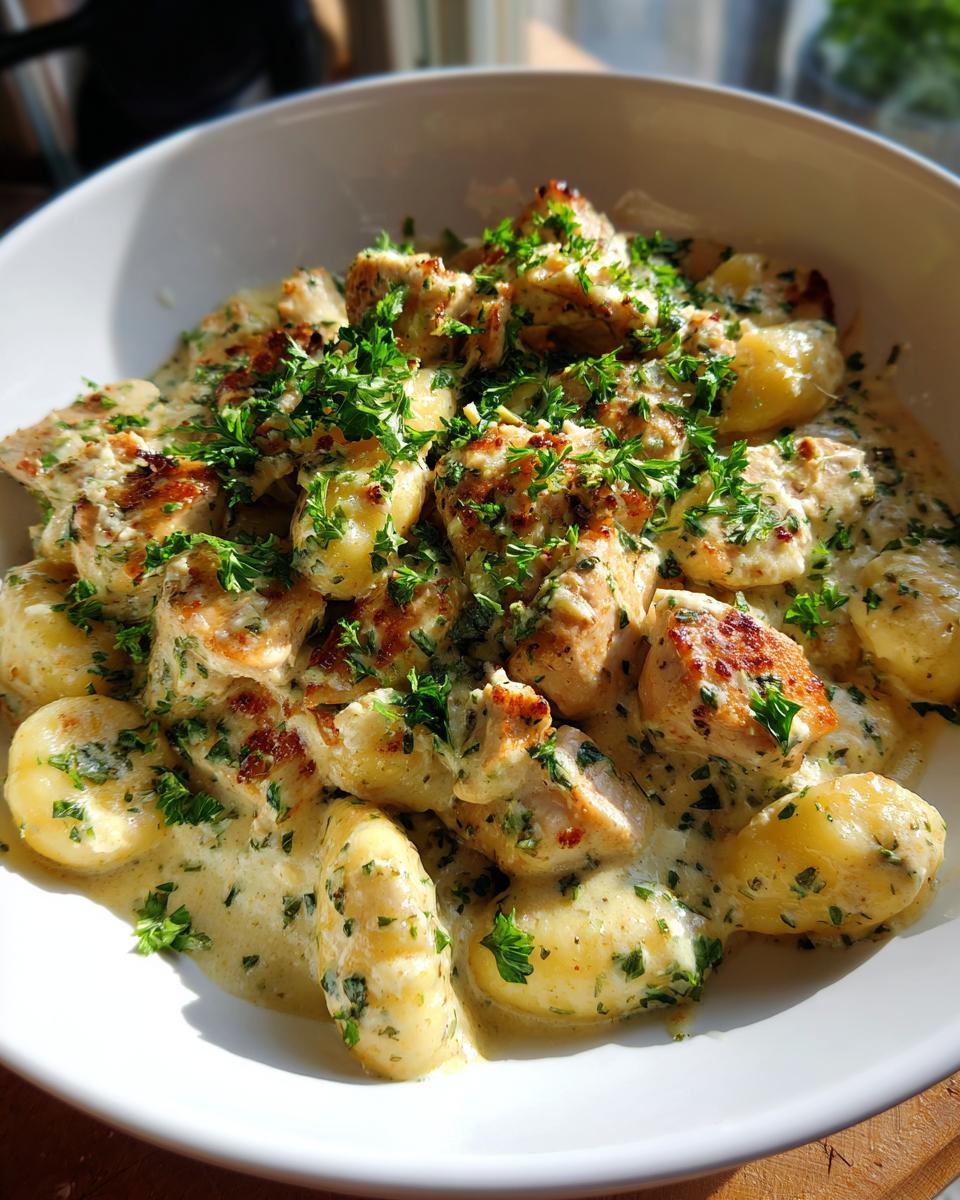Nahaufnahme von Gnocchi mit Hähnchenstücken in cremiger Parmesanrahmsoße, garniert mit Petersilie.