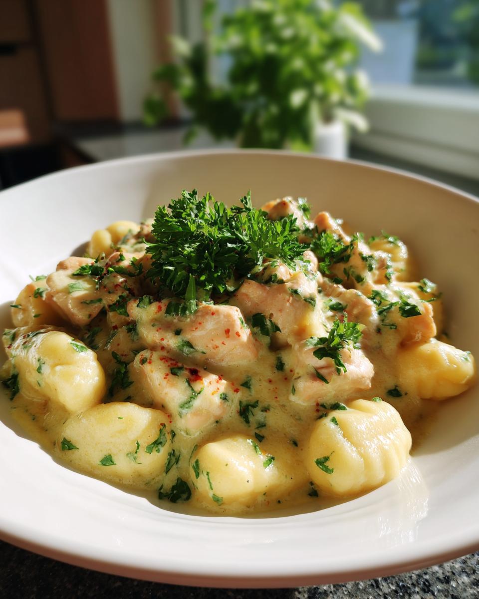 Nahaufnahme von Gnocchi mit Hähnchen und Parmesanrahm, garniert mit frischer Petersilie.