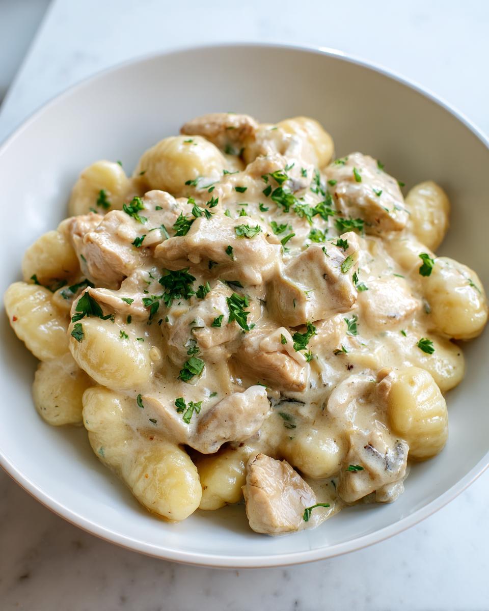 Nahaufnahme von Gnocchi mit Hähnchen in cremiger Sahnesauce, garniert mit Petersilie.