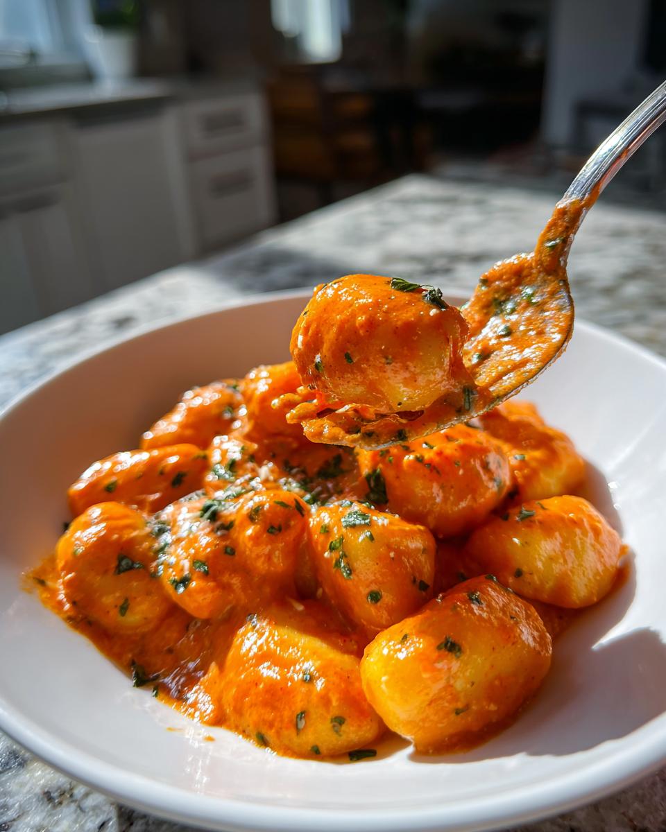 Nahaufnahme von fluffigen Gnocchi in einer cremigen, leuchtend orangefarbenen Tomaten-Sahne-Soße, ein Gnocchi wird gerade mit einem Löffel hochgehoben.