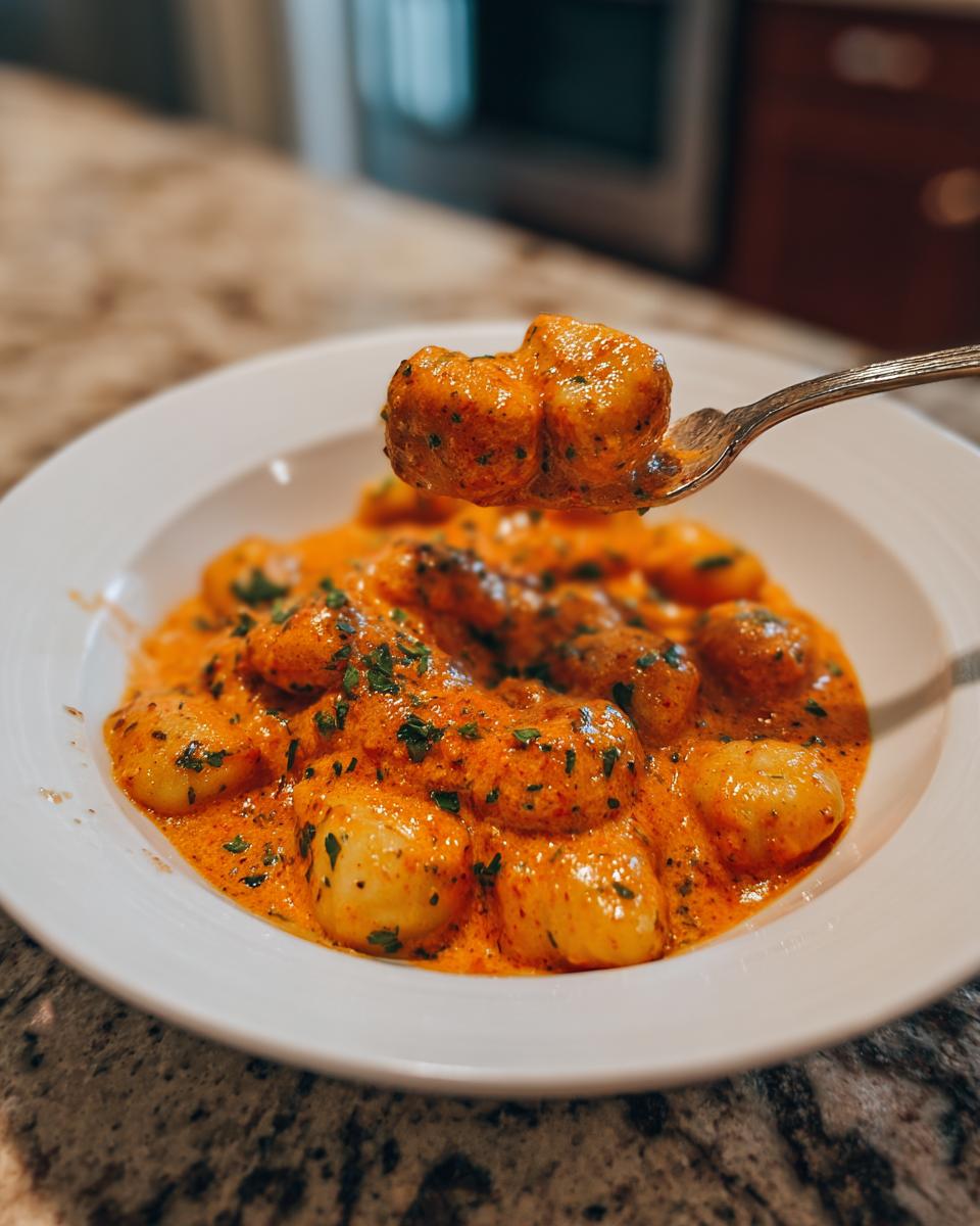 Nahaufnahme von Gnocchi in Tomaten-Sahne, wobei ein Löffel mit cremigen Gnocchi aus dem Teller gehoben wird.