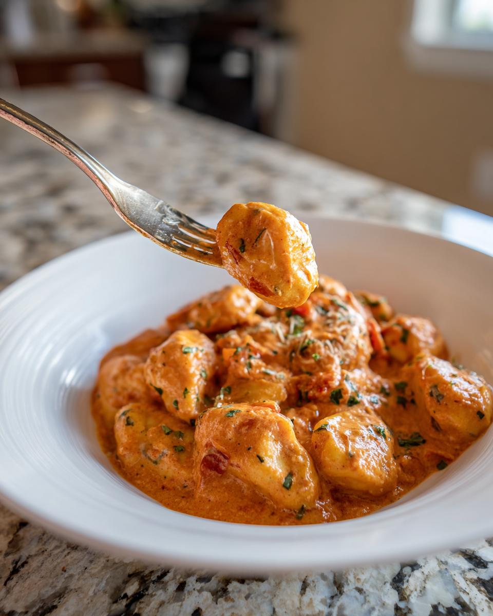 Nahaufnahme von Gnocchi in Tomaten-Sahne, wobei eine Gnocchi auf einer Gabel zum Probieren hochgehoben wird.