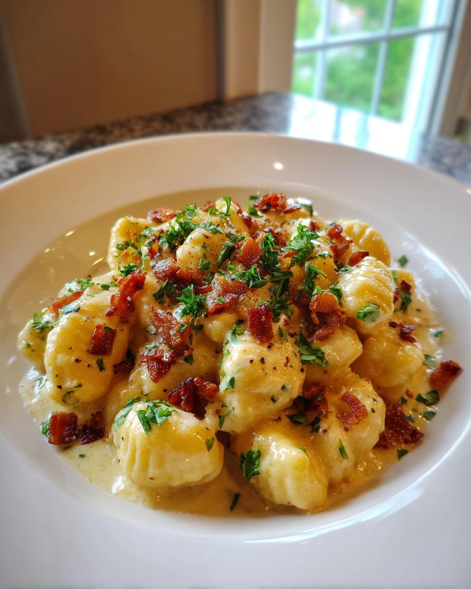 Nahaufnahme von fluffigen Gnocchi in einer cremigen Bacon-Sahne-Sauce, garniert mit knusprigem Speck und Petersilie.