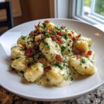 Nahaufnahme von fluffigen Gnocchi mit Bacon-Sahne-Sauce, garniert mit knusprigem Speck und frischer Petersilie.