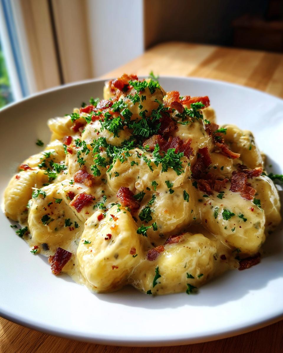 Nahaufnahme von fluffigen Gnocchi mit cremiger Bacon-Sahne-Sauce, bestreut mit knusprigem Speck und Petersilie.
