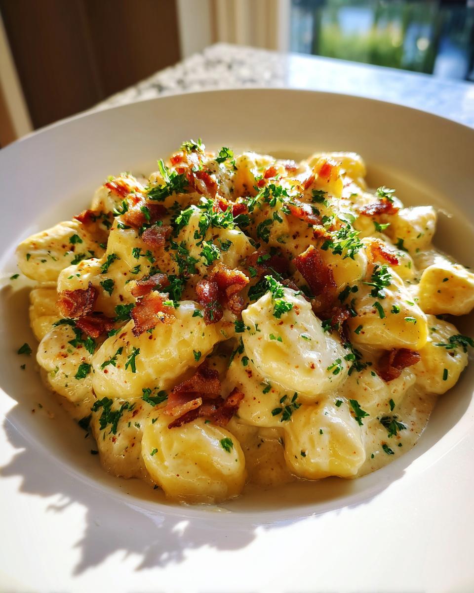 Ein Teller mit cremigen Gnocchi mit Bacon-Sahne-Sauce, garniert mit knusprigem Speck und frischer Petersilie.