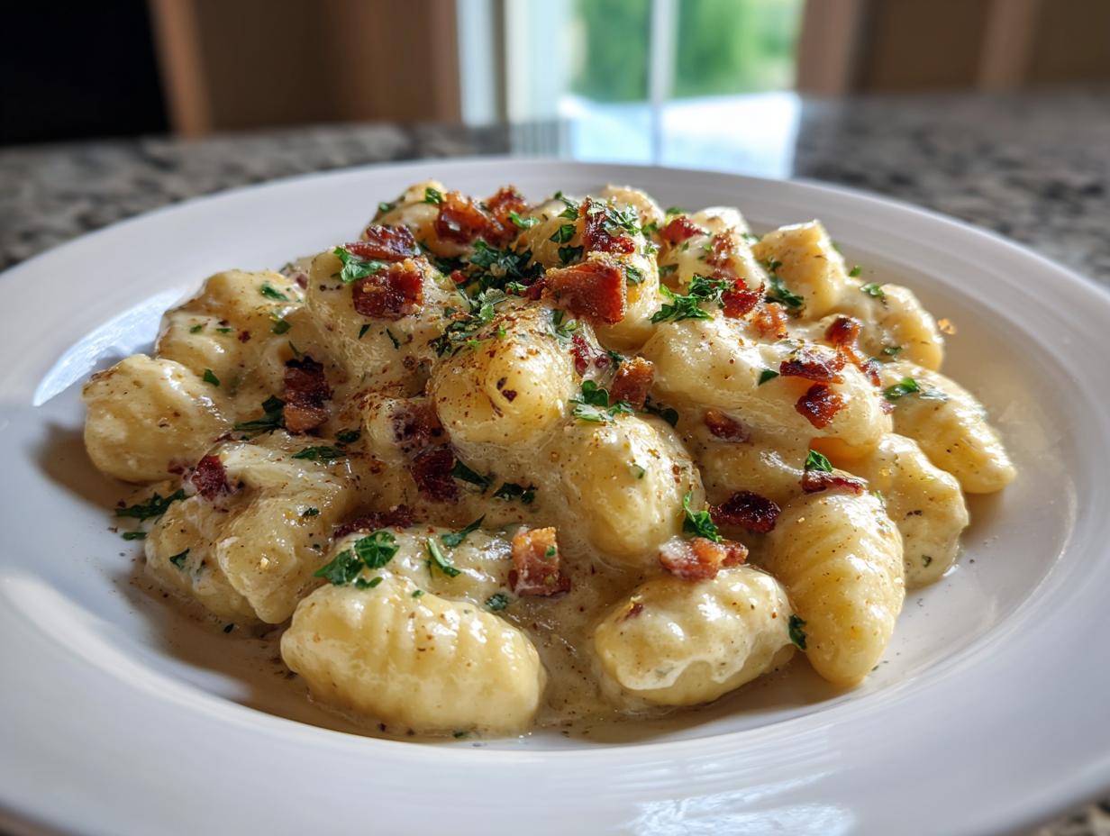 Nahaufnahme von fluffigen Gnocchi mit Bacon-Sahne-Sauce, bestreut mit Petersilie.