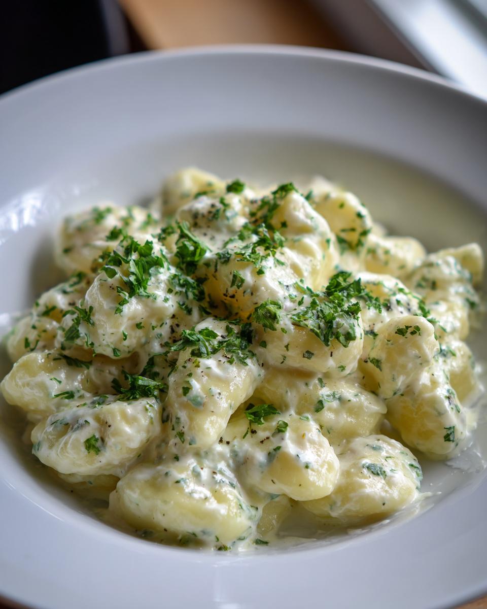 Nahaufnahme von fluffigen Gnocchi mit Frischkäse-Kräuter-Soße, bestreut mit frischer Petersilie.