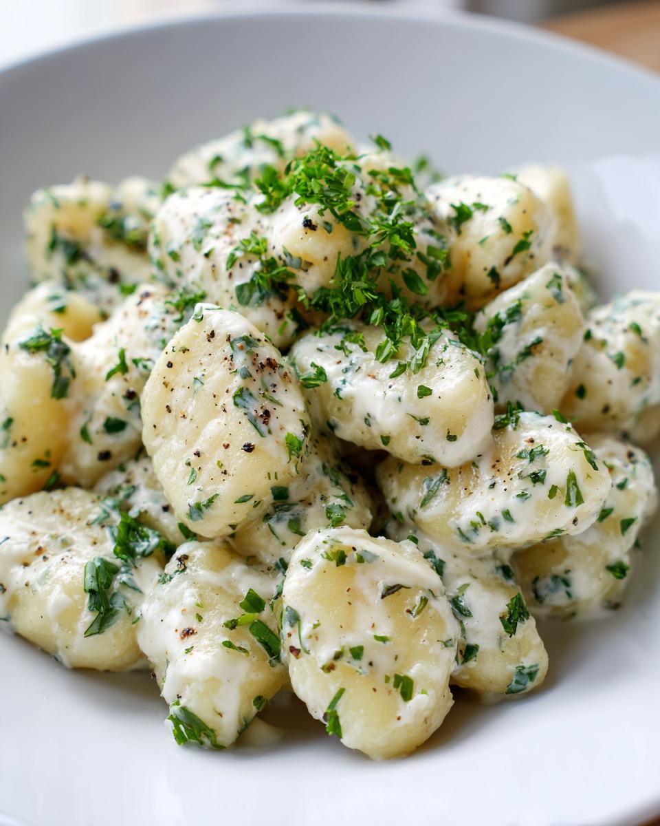 Cremige Gnocchi mit Frischkäse und Kräutern, garniert mit frischer Petersilie, serviert in einer weißen Schale.