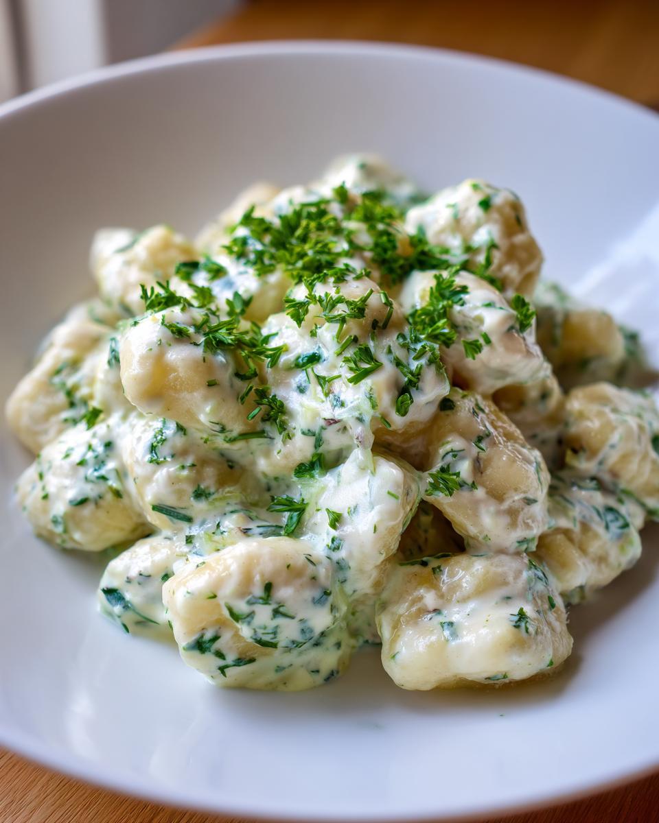Nahaufnahme von fluffigen Gnocchi mit Frischkäse und vielen frischen Kräutern, serviert in einer weißen Schale.